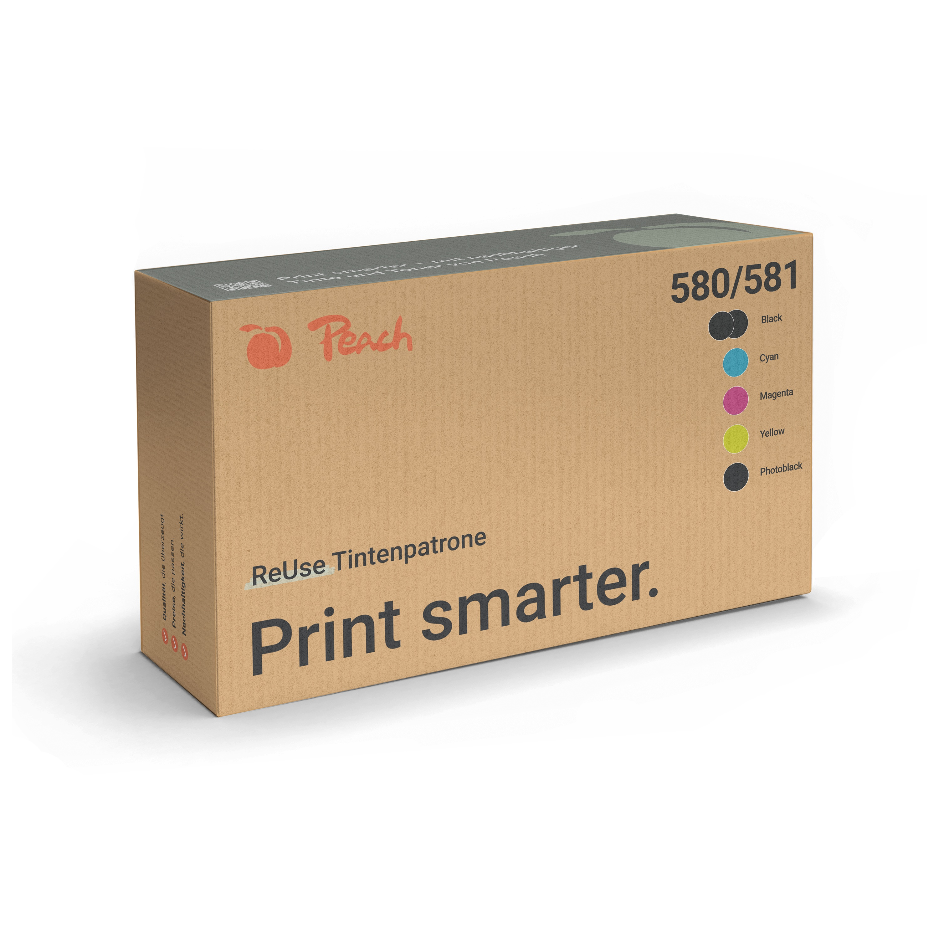 Scatola marrone di cartucce per stampante Peach con la scritta Print smarter e cerchi colorati.