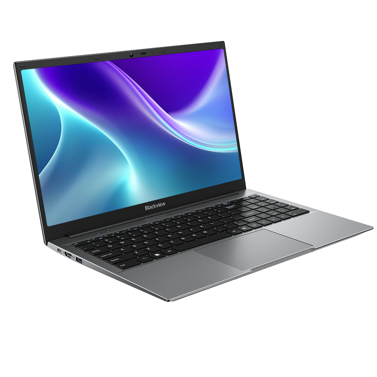 A silver laptop with a black keyboard and a blue abstract wallpaper on the screen against a black background.
