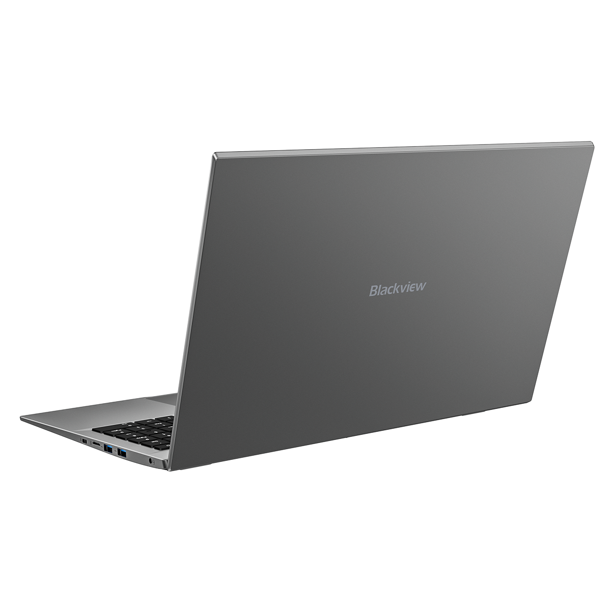 A silver Blackview laptop against a black background, showing the brand logo on the back of the screen.