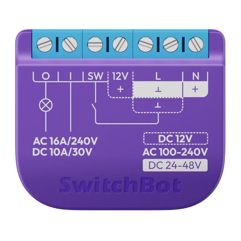 Modulo SwitchBot viola con schema elettrico e morsetti a vite in alto.