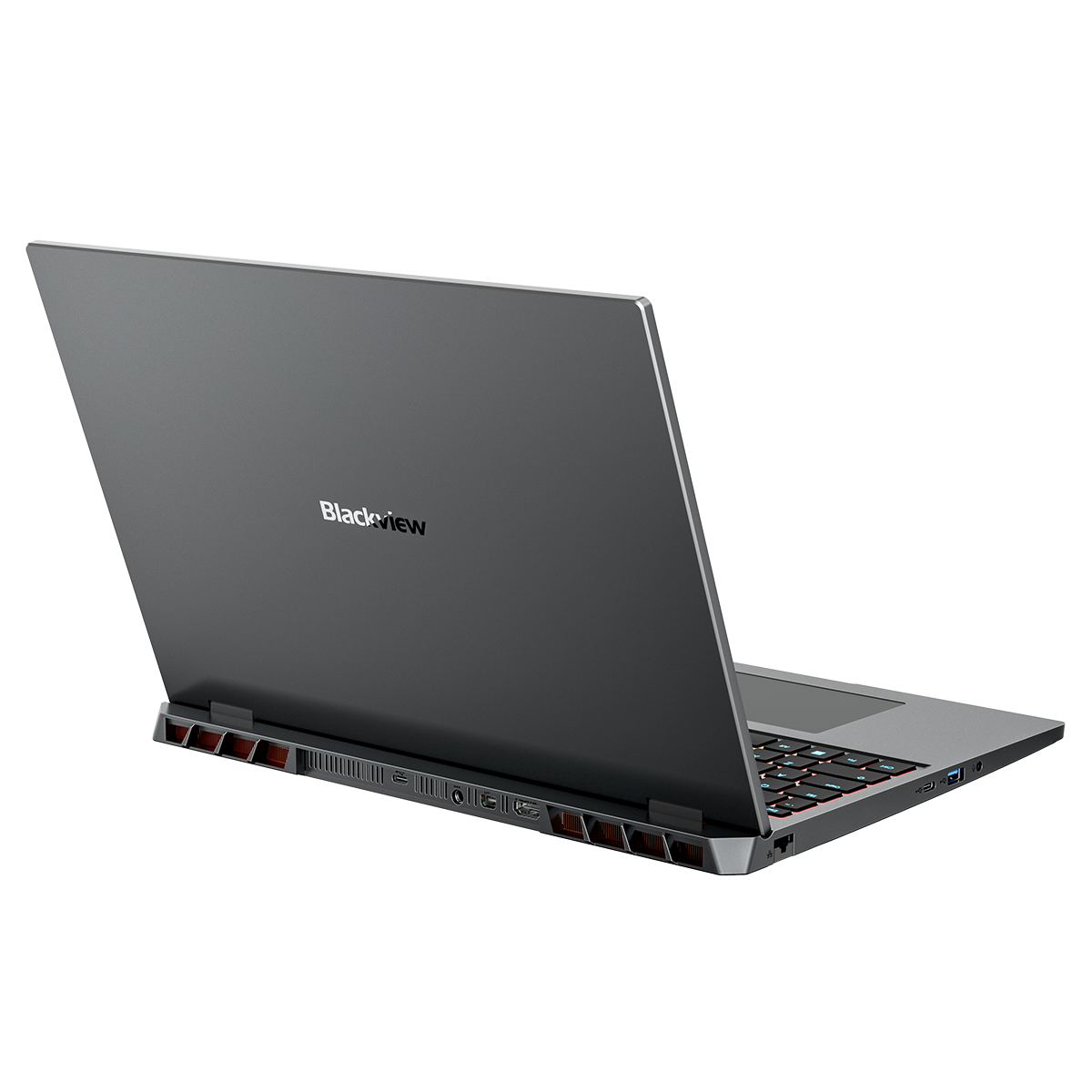 Szary laptop Blackview widziany od tyłu, z logo marki, portami i krawędzią klawiatury na białym tle.