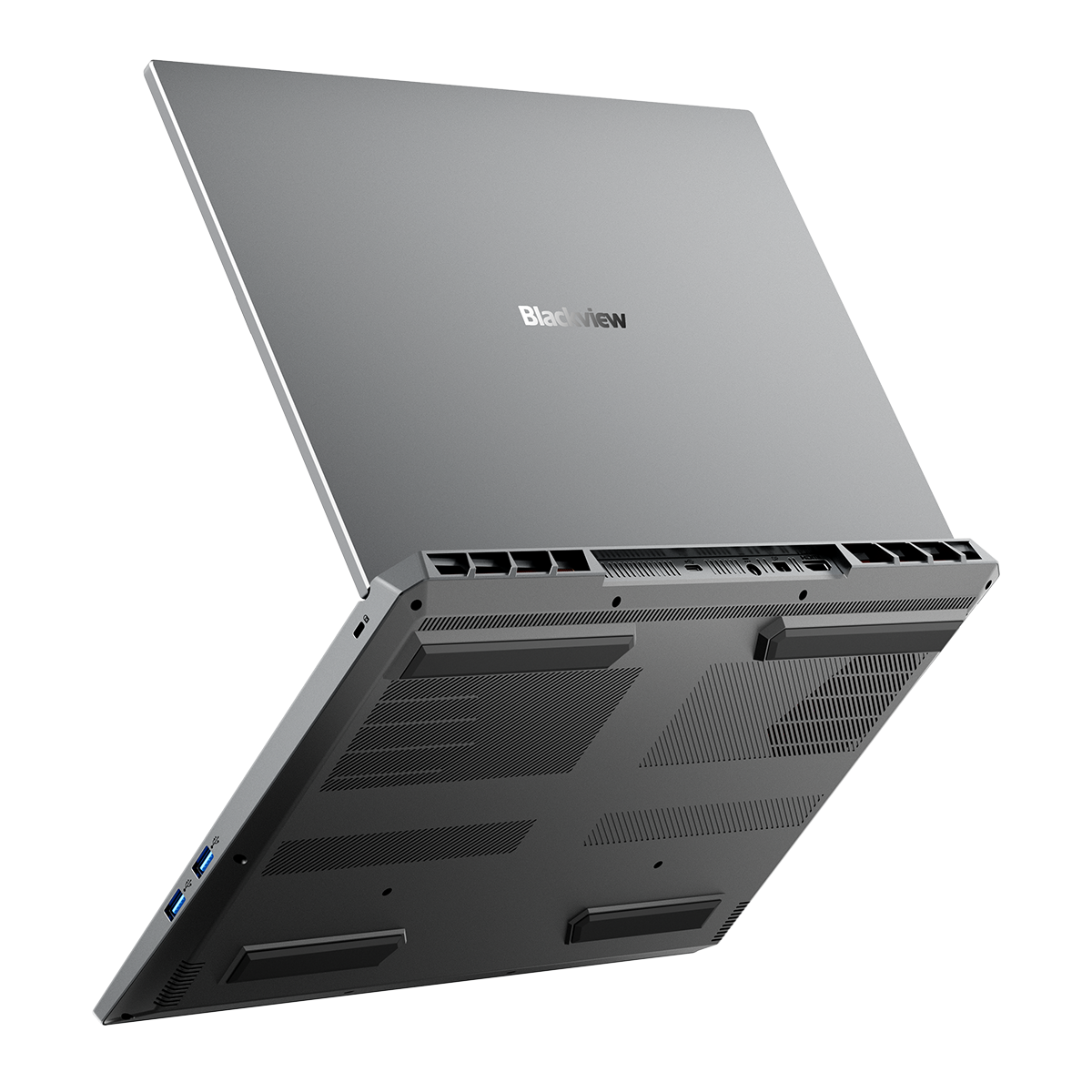 Szary laptop Blackview widziany od dołu, z portami, otworami wentylacyjnymi i logo z tyłu ekranu.