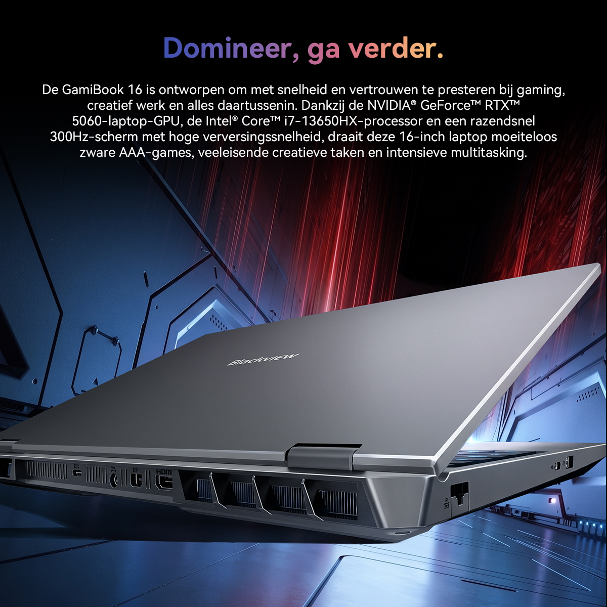 A silver laptop set against a blue and red futuristic background with Dutch promotional text.