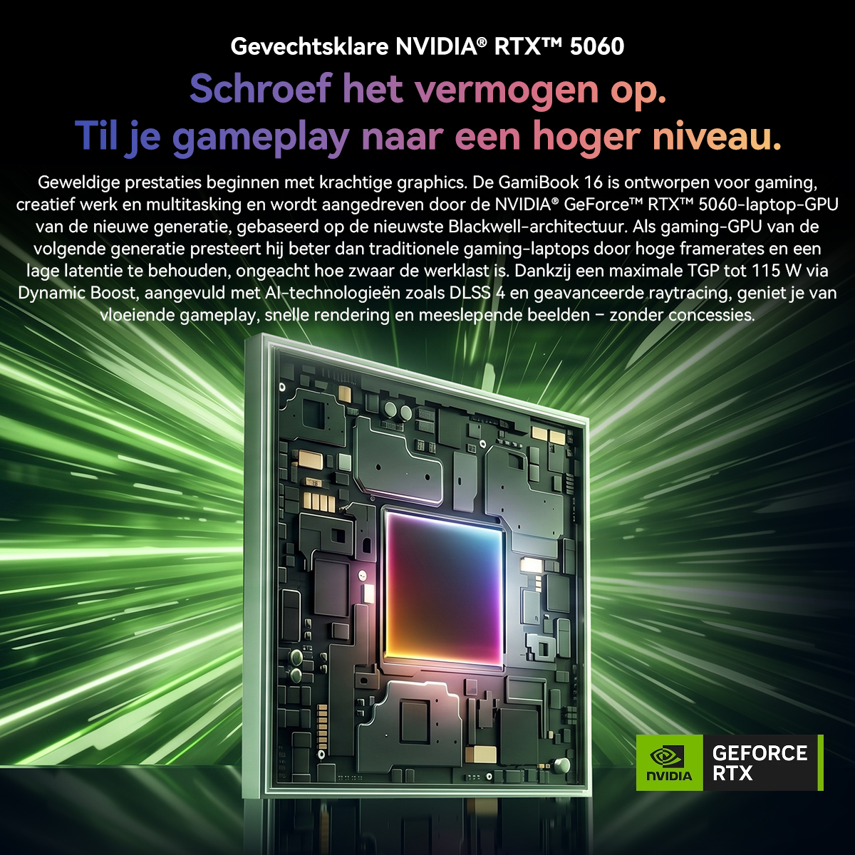 NVIDIA RTX 5060 graphics card featuring a glowing chip against a green background with text.