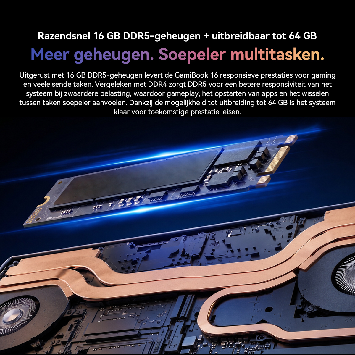 Laptop internals with M.2 SSD, copper heat pipes, and fans below text.