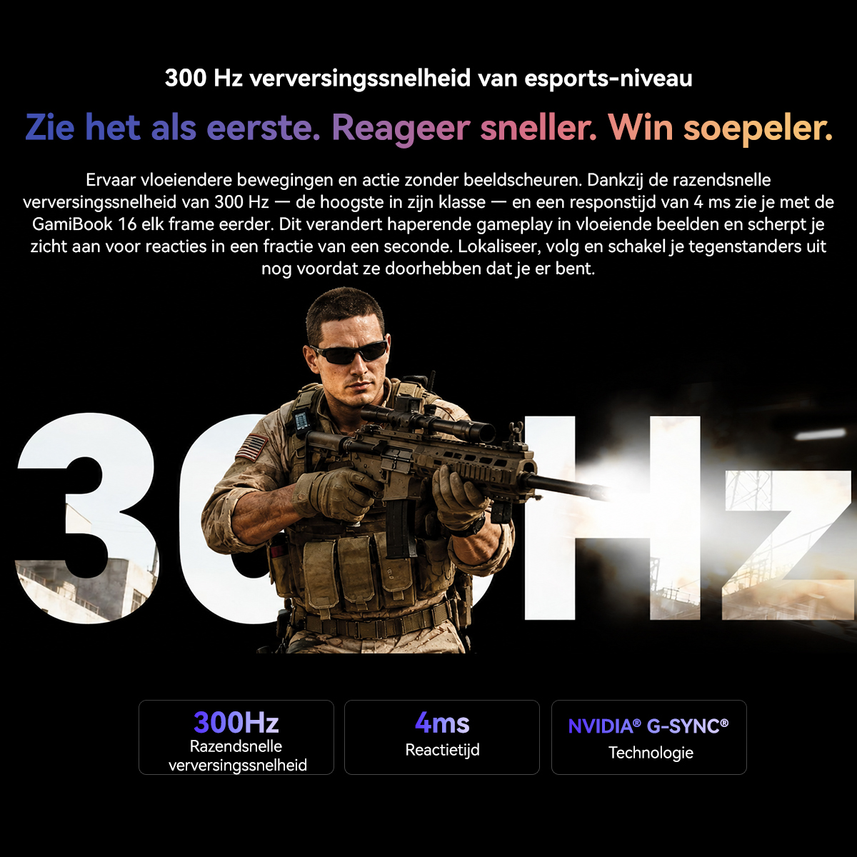 A soldier wearing sunglasses and holding a rifle in front of 300Hz text.