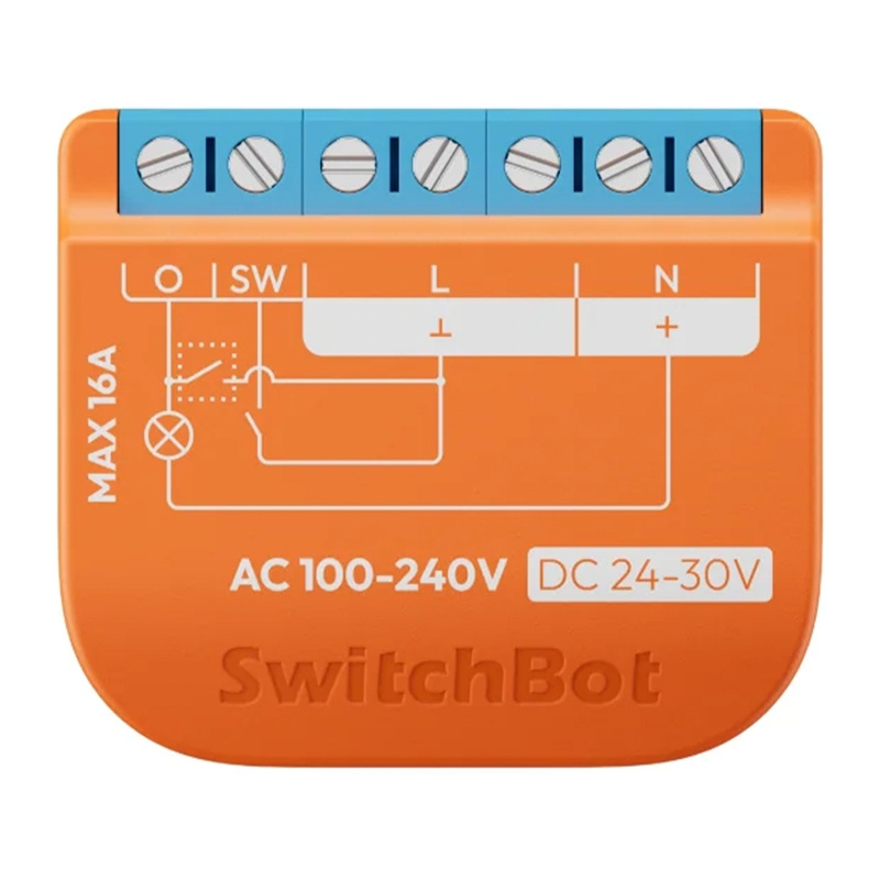 Modulo relè SwitchBot arancione con morsetti a vite in alto e schema elettrico.