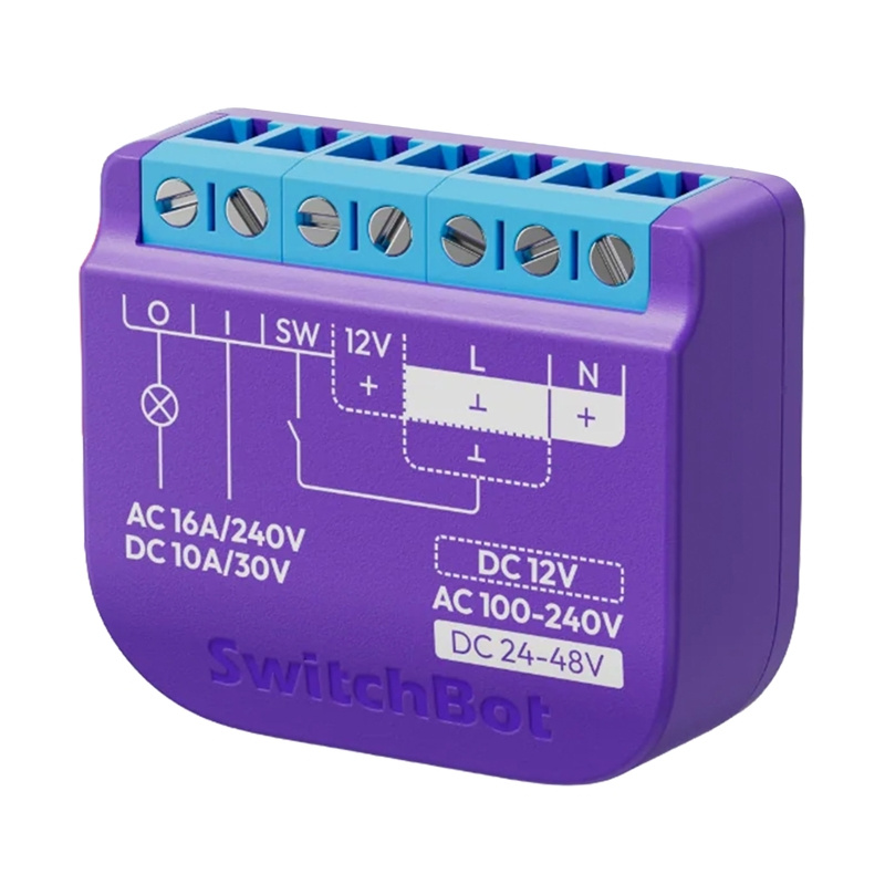 Relè intelligente SwitchBot viola con terminali a vite blu in alto e schemi elettrici bianchi.