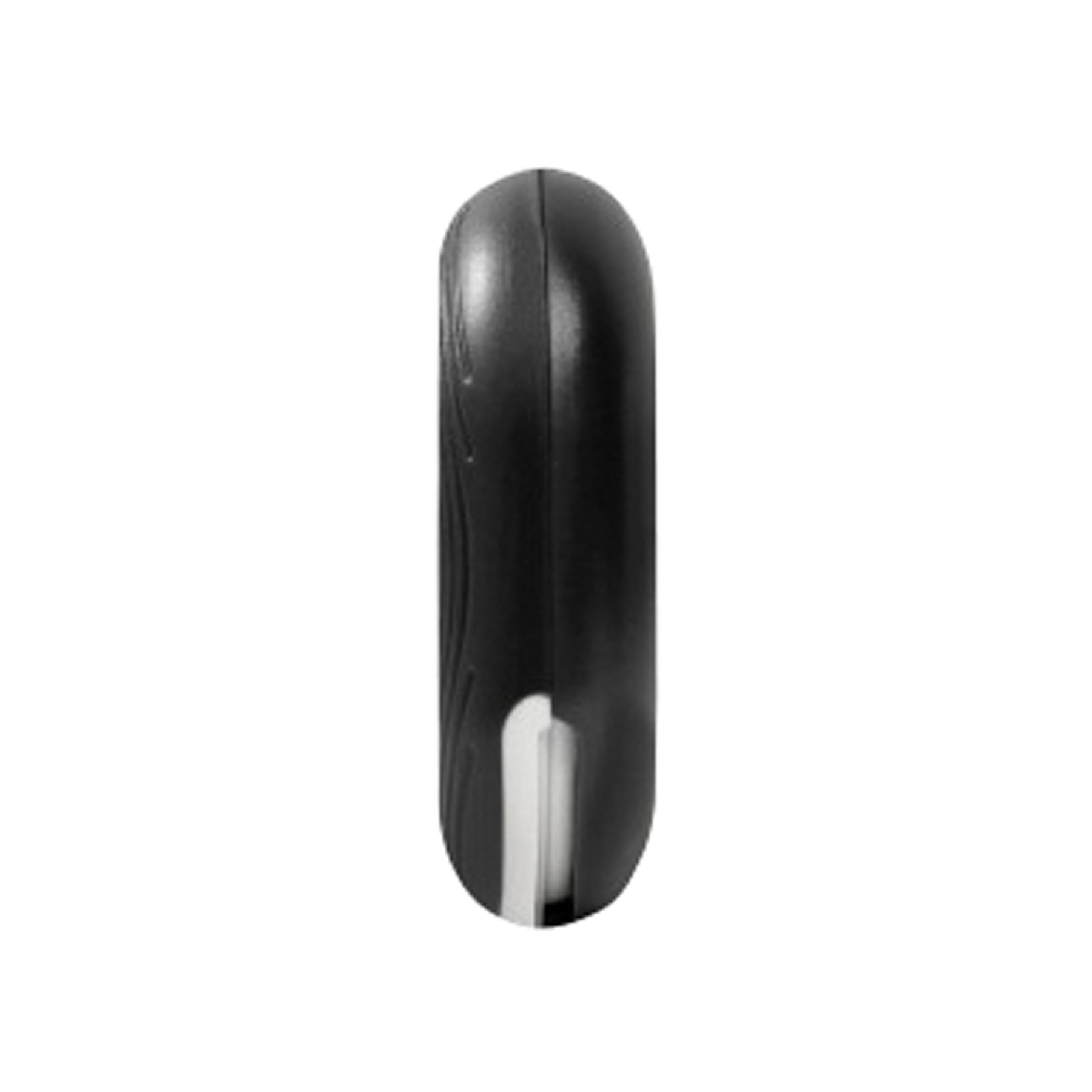 Un dispositivo elettronico nero e arrotondato visto di profilo, con un piccolo inserto bianco.