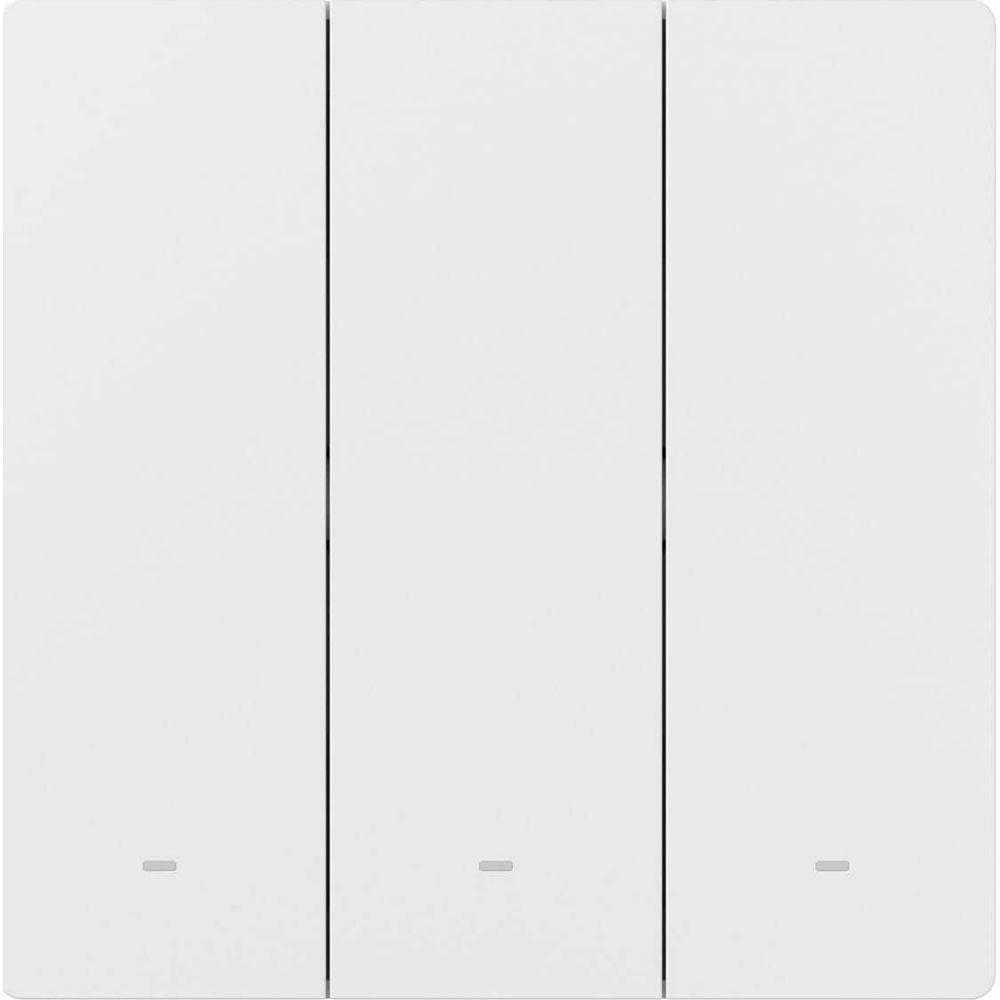 Un interruttore della luce triplo bianco con piccole spie in fondo ad ogni pannello.