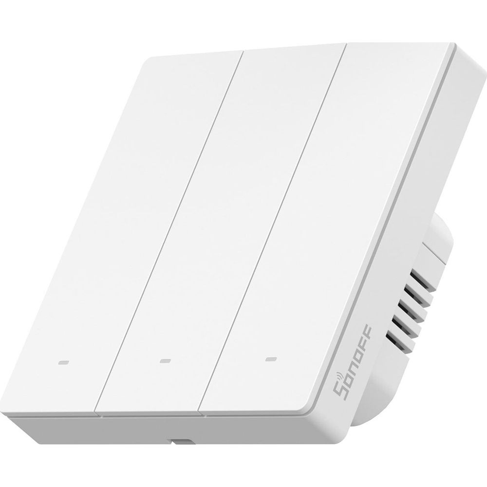 Un interruttore della luce smart triplo bianco Sonoff con piccoli LED.