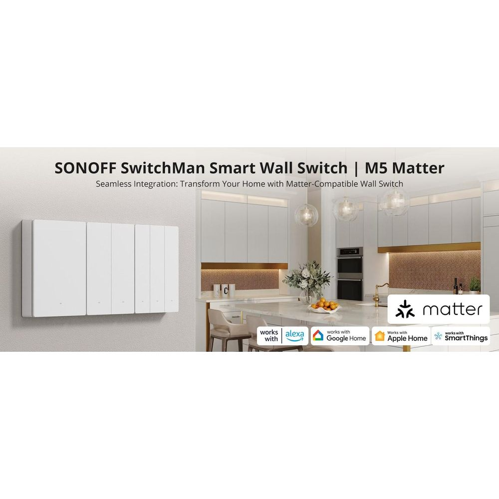 Interruttore intelligente SONOFF SwitchMan M5 Matter mostrato con una cucina moderna sullo sfondo.