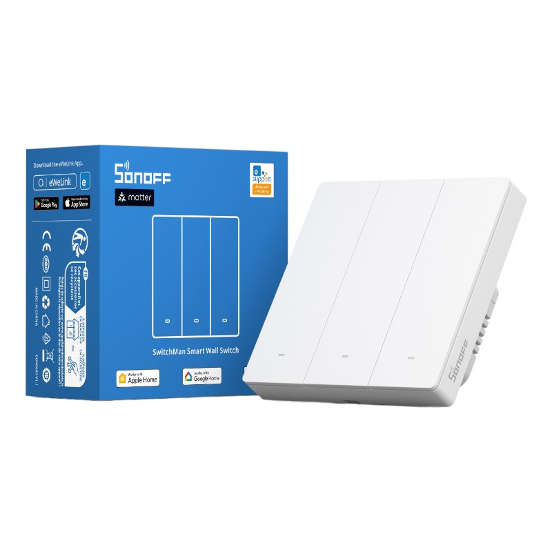 Un interruttore da muro intelligente Sonoff SwitchMan bianco davanti alla scatola.