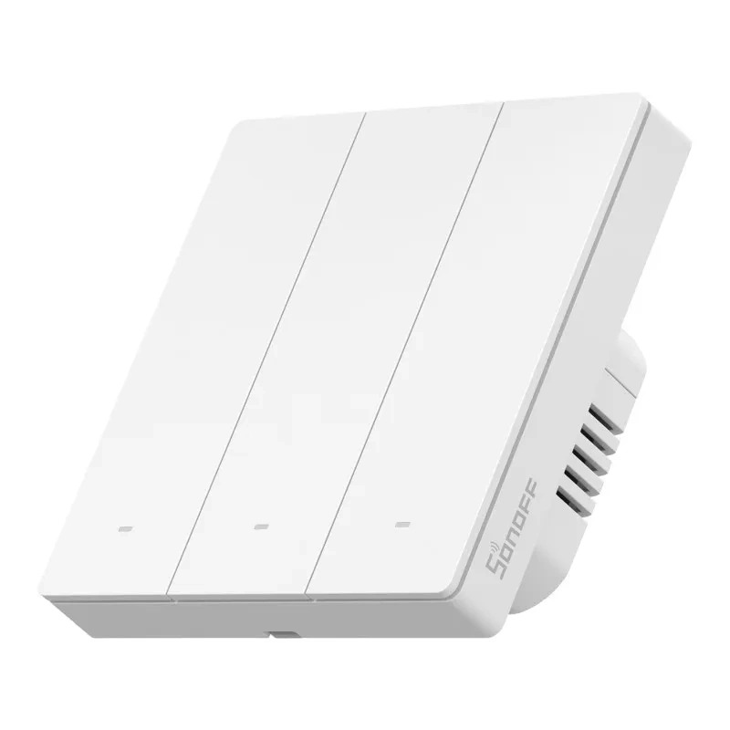Un interruttore della luce intelligente Sonoff bianco con tre pannelli a sfioramento e spie luminose.