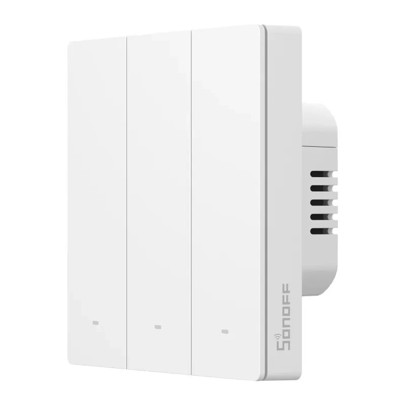 Interruttore a parete intelligente Sonoff bianco con tre pulsanti a sfioramento e piccoli LED su sfondo bianco.