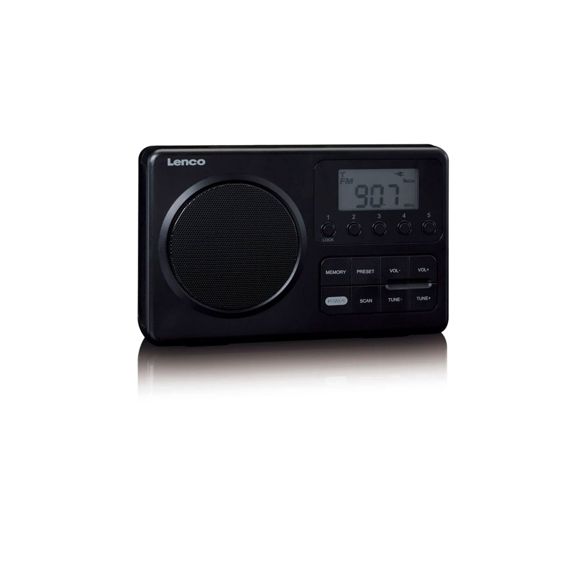 Radio digitale Lenco nera con altoparlante, schermo LCD e pulsanti di controllo.