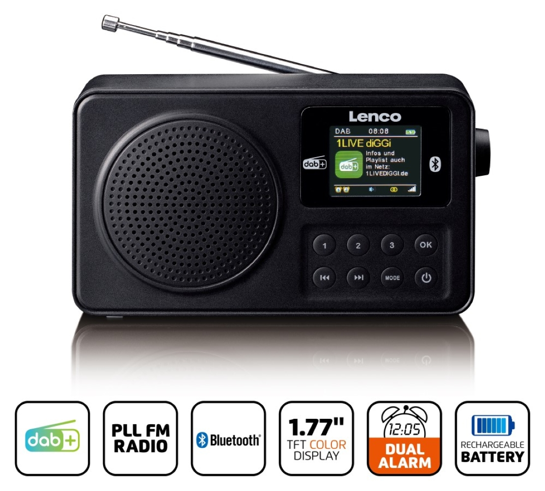 Una radio Lenco DAB+ nera con antenna, schermo, tasti e altoparlante, con icone delle funzioni sotto.