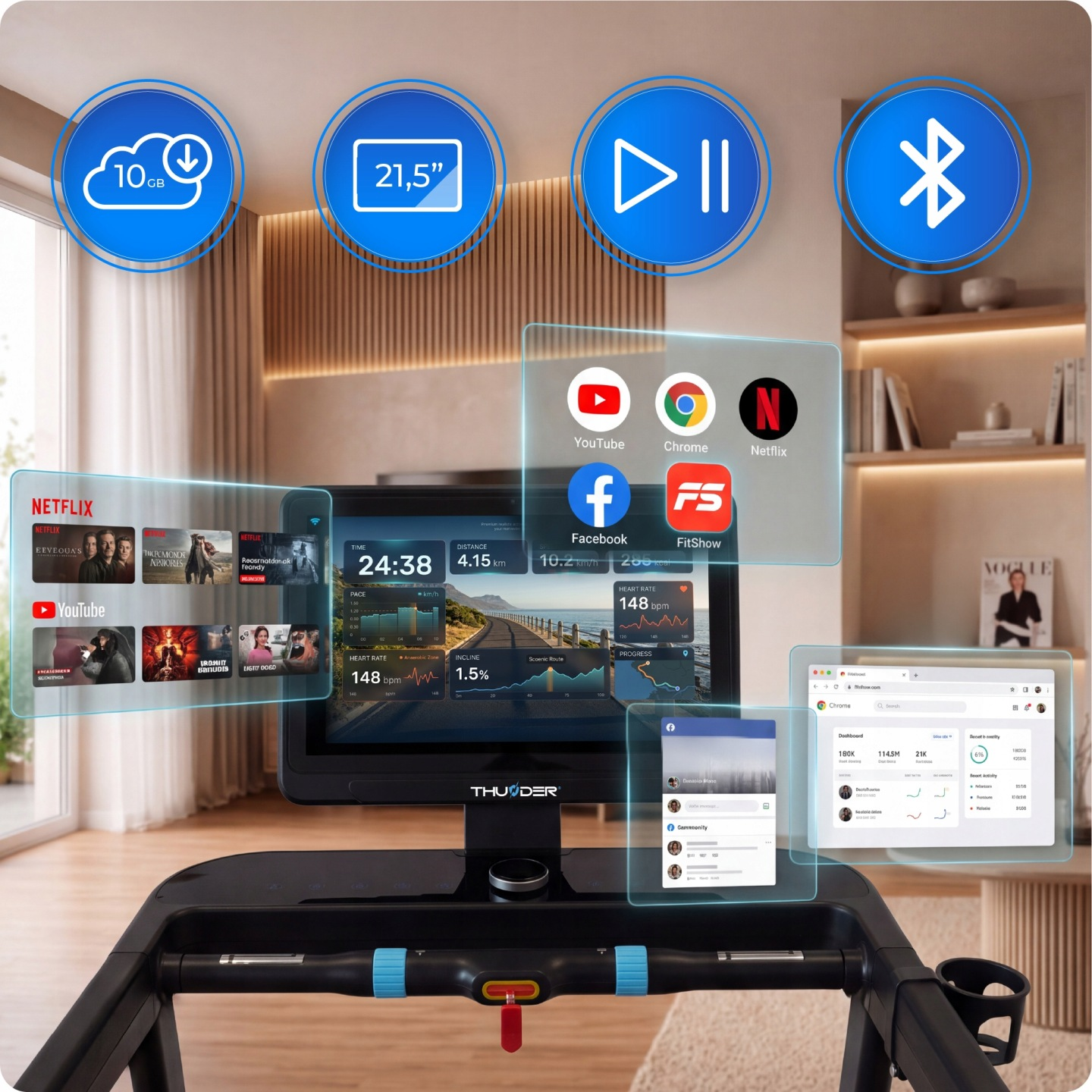 Ein Thunder Laufband mit großem Bildschirm für Trainingsdaten, Apps und Medien in einem modernen Zimmer.