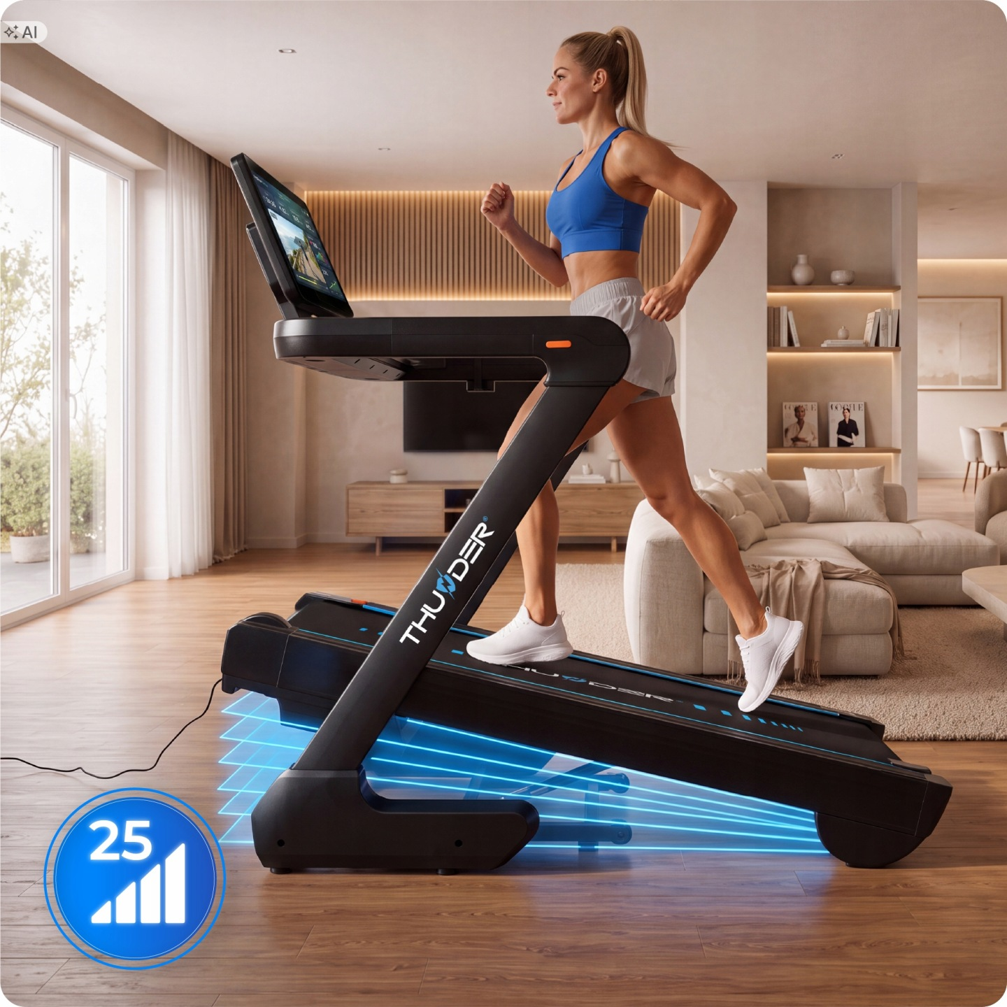 Eine blonde Frau in blauer Sportkleidung läuft auf einem schwarzen Thunder-Laufband in einem modernen Wohnzimmer.