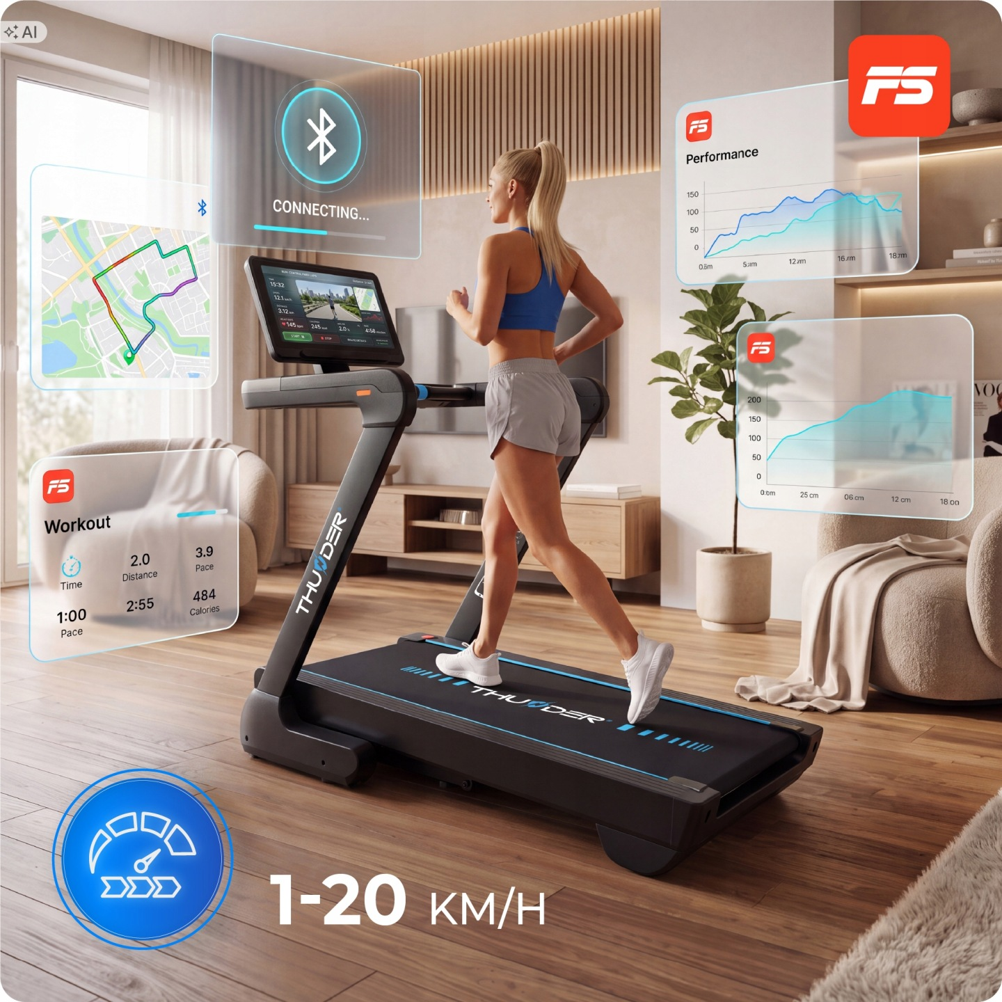 Eine blonde Frau in Sportkleidung läuft auf einem modernen Laufband mit digitalen Leistungs- und Verbindungsanzeigen.