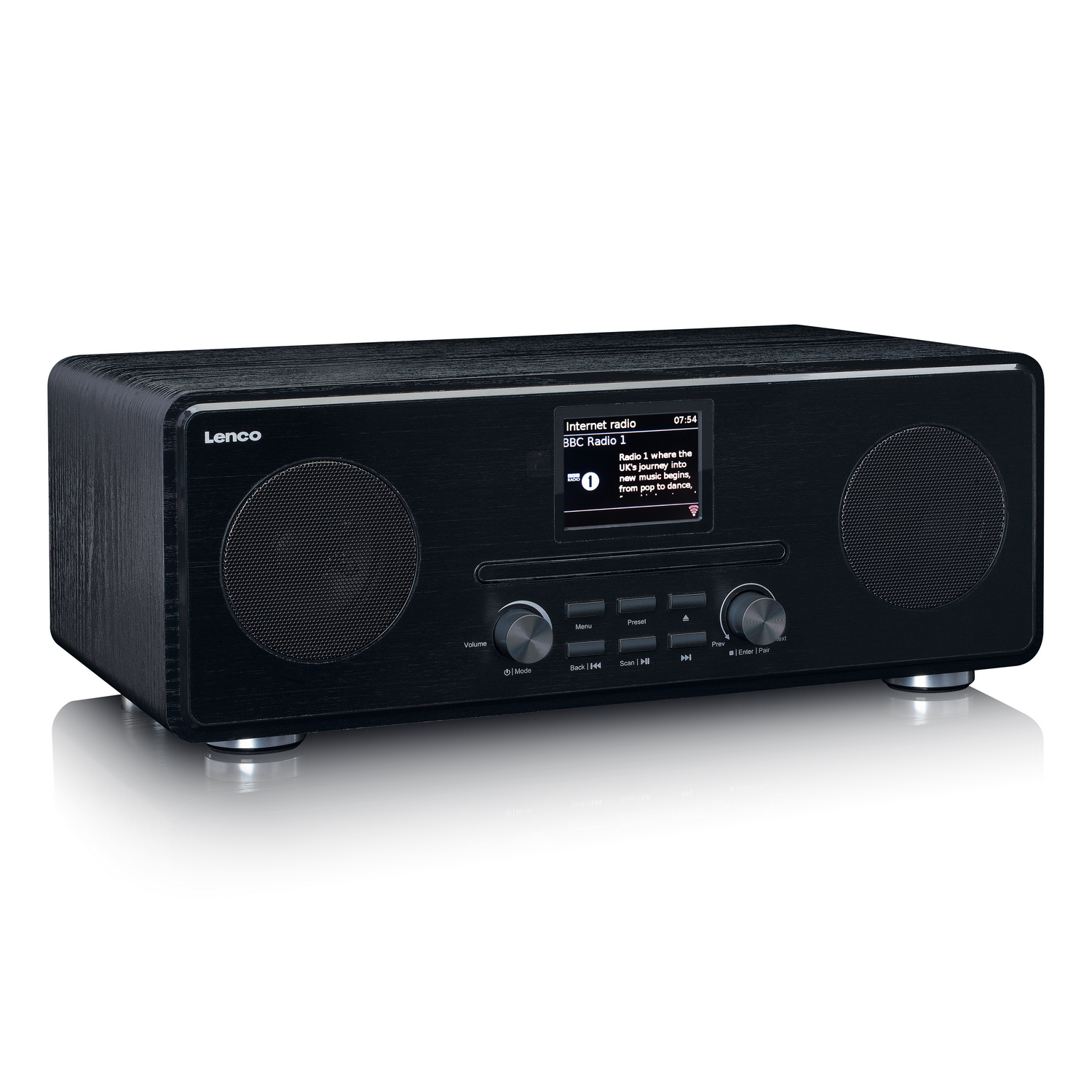 Schwarzes Lenco Internetradio mit zwei Lautsprechern, Zentraldisplay und Bedienelementen auf weißem Grund.