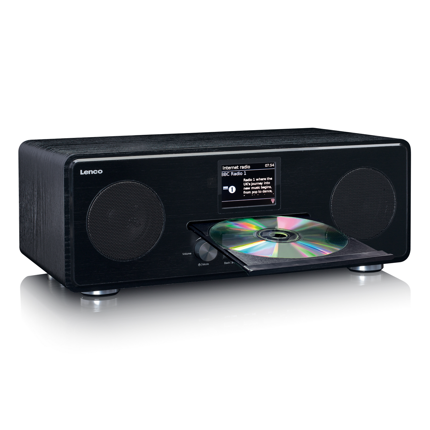 Eine schwarze Lenco-Anlage mit geöffneter CD-Schublade, Display und zwei Lautsprechern auf weißem Hintergrund.