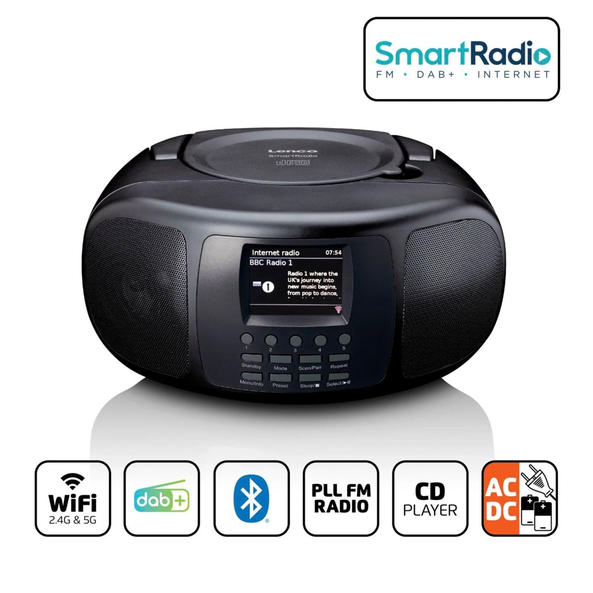 Radio smart nera con lettore CD, display e icone per WiFi, DAB+, Bluetooth e radio FM in basso.
