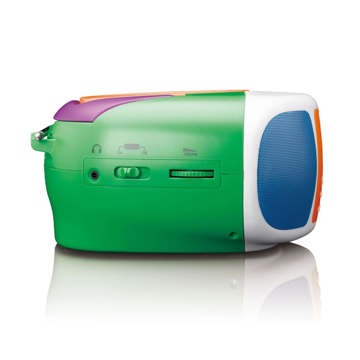 Uno stereo portatile verde e bianco colorato con altoparlanti blu su sfondo bianco.