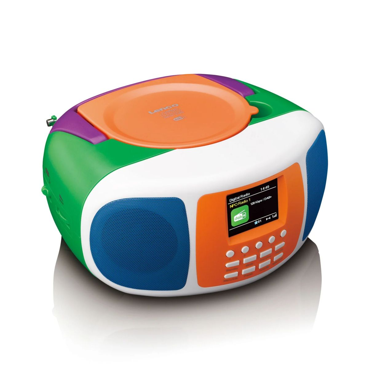 Radio CD colorata con coperchio arancione, altoparlanti blu e pulsanti digitali su sfondo bianco.