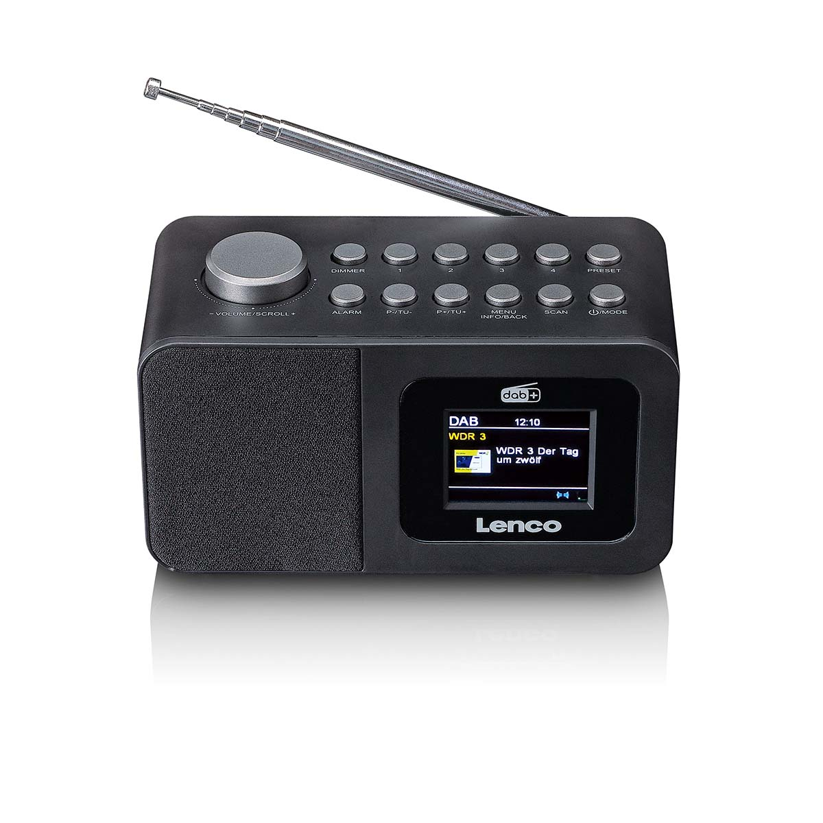 Una radio Lenco DAB+ nera con schermo digitale, pulsanti di controllo, manopola del volume e antenna.