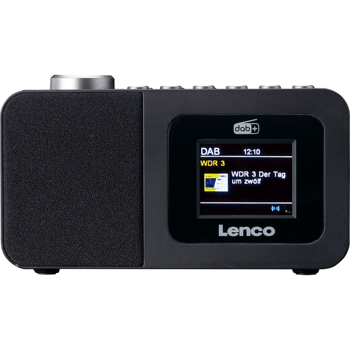 Una radio digitale Lenco nera con altoparlante a sinistra e schermo a colori che mostra DAB e WDR 3 a destra.