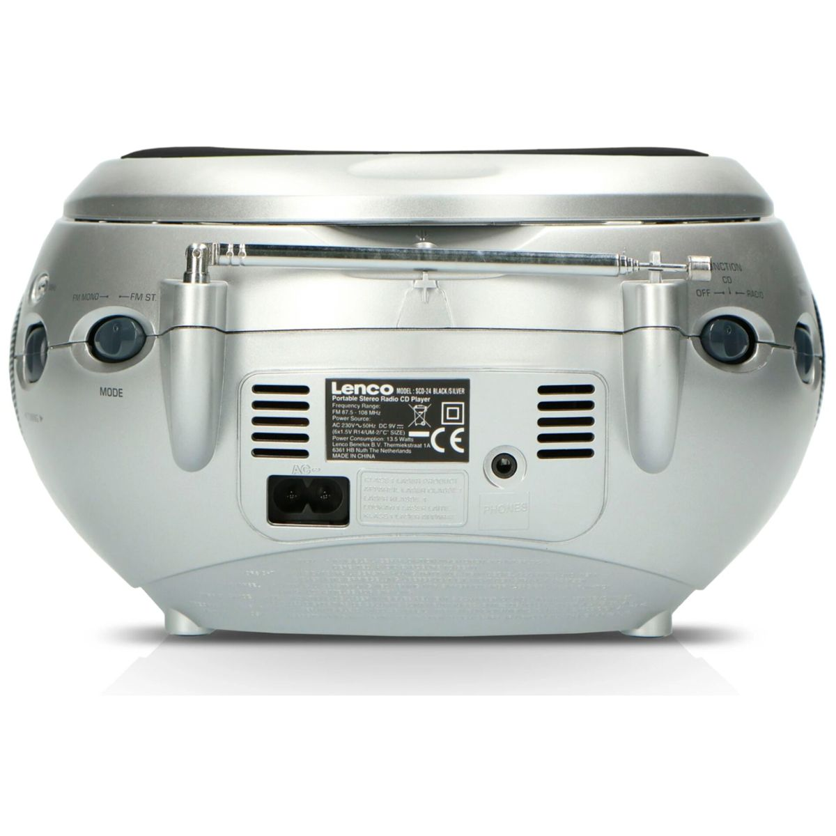 Vista posteriore di un lettore CD radio portatile Lenco argentato, che mostra l'antenna e i connettori.