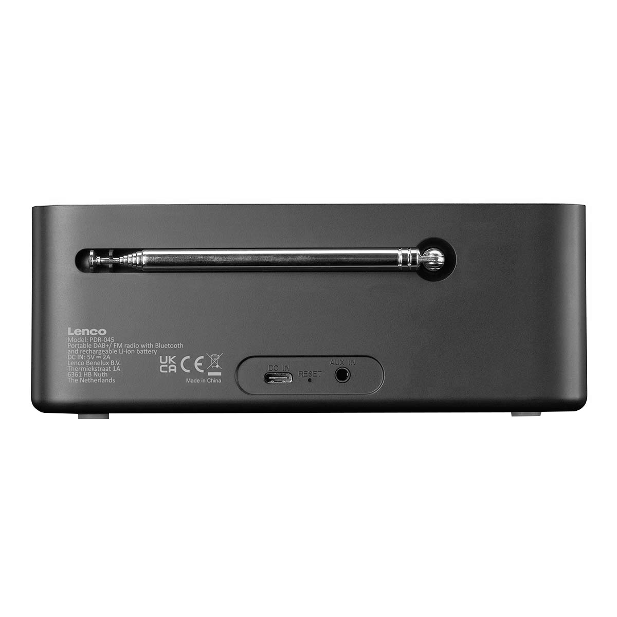 Rückseite eines schwarzen Lenco-Radios mit Antenne, DC-Anschluss, Reset-Taste und AUX-Buchse.
