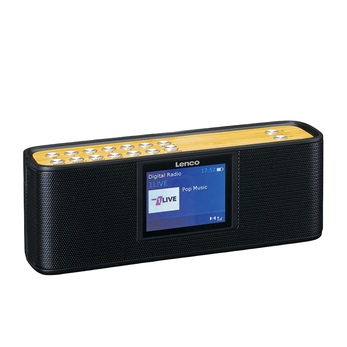 Ein schwarzes Lenco Digitalradio mit Holz-Oberseite, Metalltasten und beleuchtetem Display.