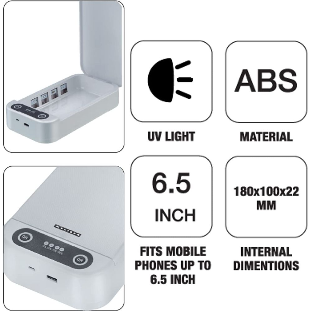 Weißes UV-Licht-Desinfektionsgerät für Telefone mit ABS-Material, Maße 180x100x22 mm, geeignet bis 6,5 Zoll.