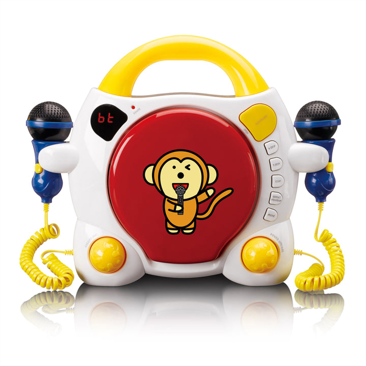Weißes Kinderkaraokegerät mit gelbem Griff, roter Mitte, einem Affenmotiv und zwei blauen Mikrofonen.