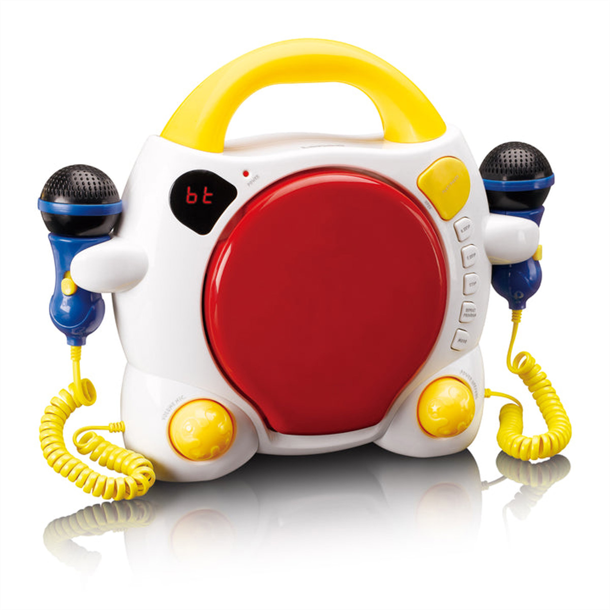 Ein weißer Karaoke-Player für Kinder mit gelbem Griff, großer roter Mitte und zwei angeschlossenen Mikrofonen.