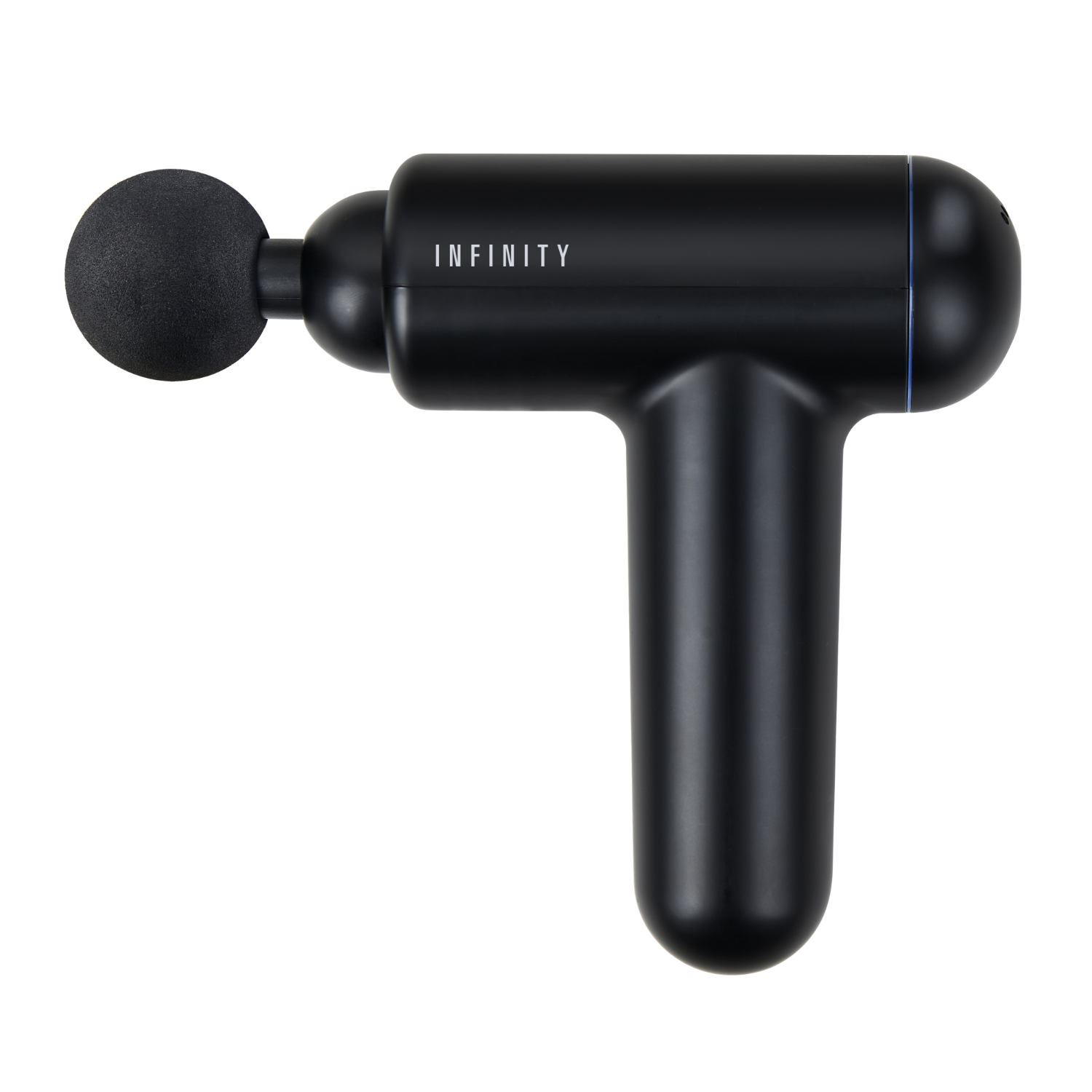 Una pistola per massaggi Infinity nera con accessorio a sfera su sfondo bianco.