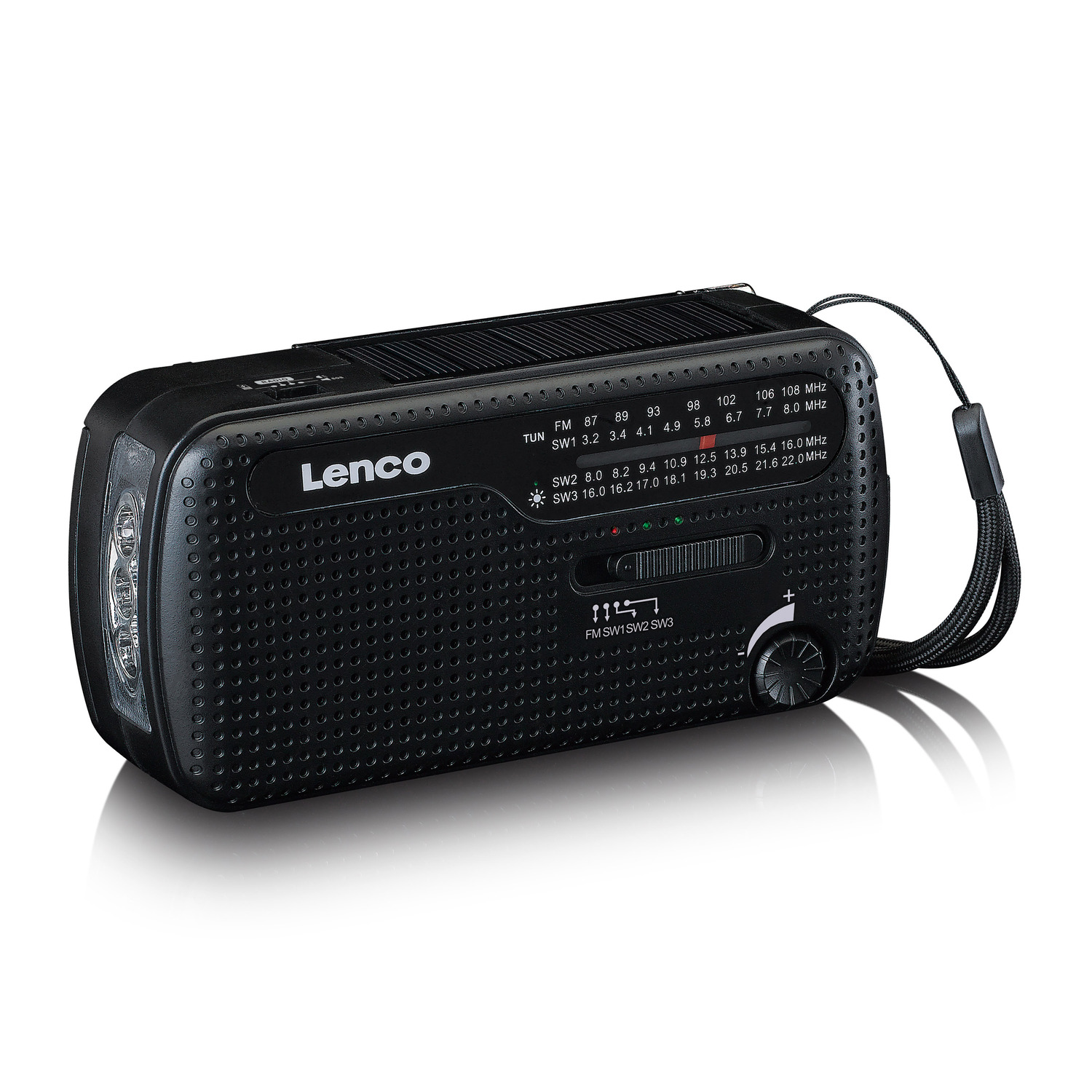 Una radio d'emergenza Lenco nera con torcia integrata, pannello solare e manopola di sintonia su sfondo bianco.