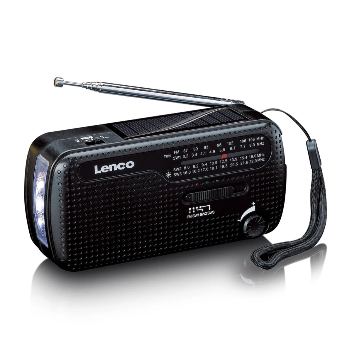 Una radio portatile Lenco nera con antenna estensibile, pannello solare integrato e cinturino.