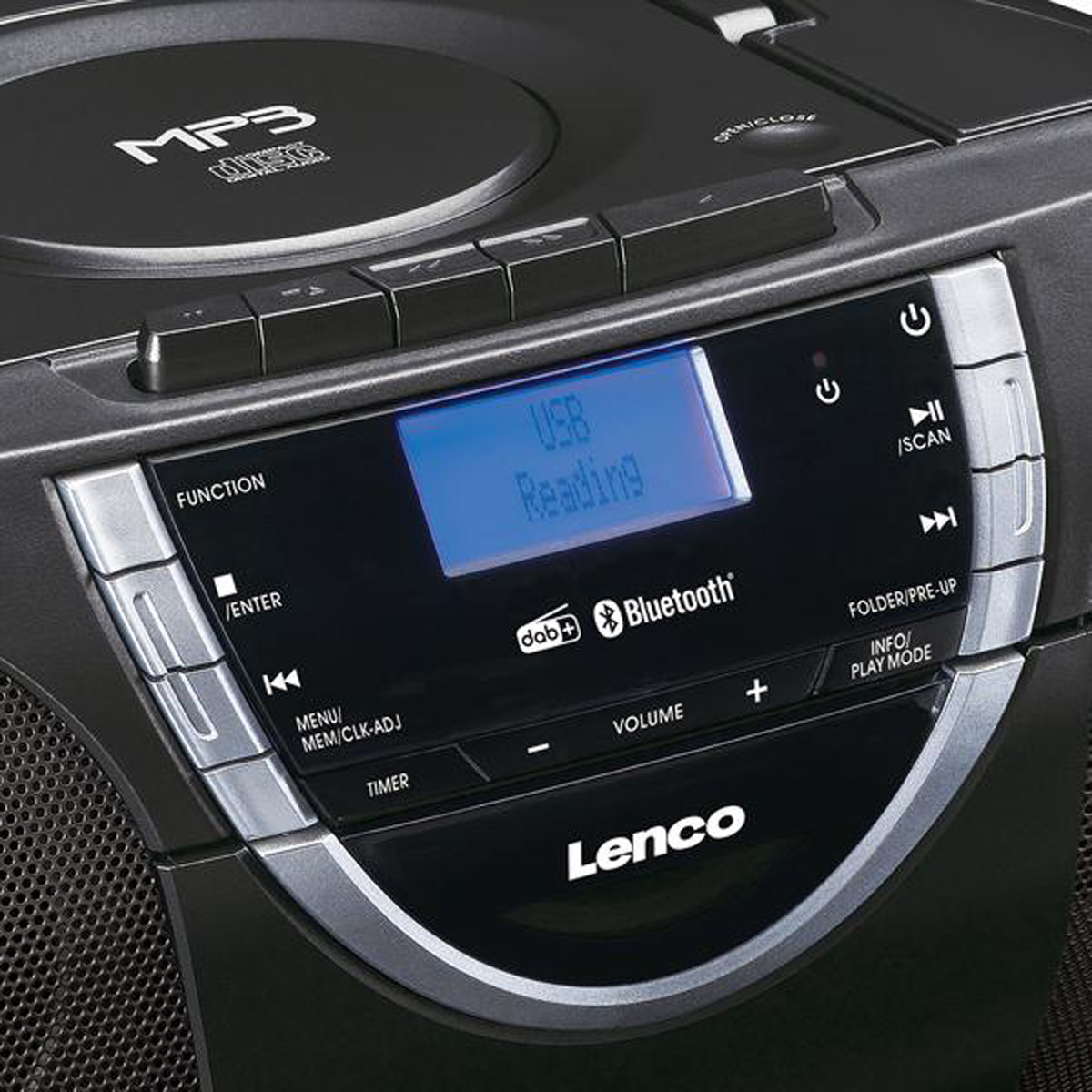 Zbliżenie czarnego odtwarzacza CD Lenco z niebieskim ekranem, przyciskami i logo MP3.