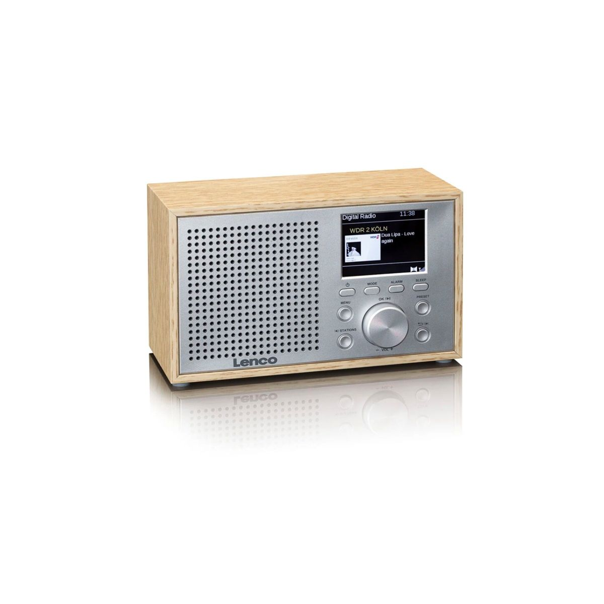 Radio digitale Lenco con corpo in legno, pannello frontale argento, griglia altoparlante e pulsanti.
