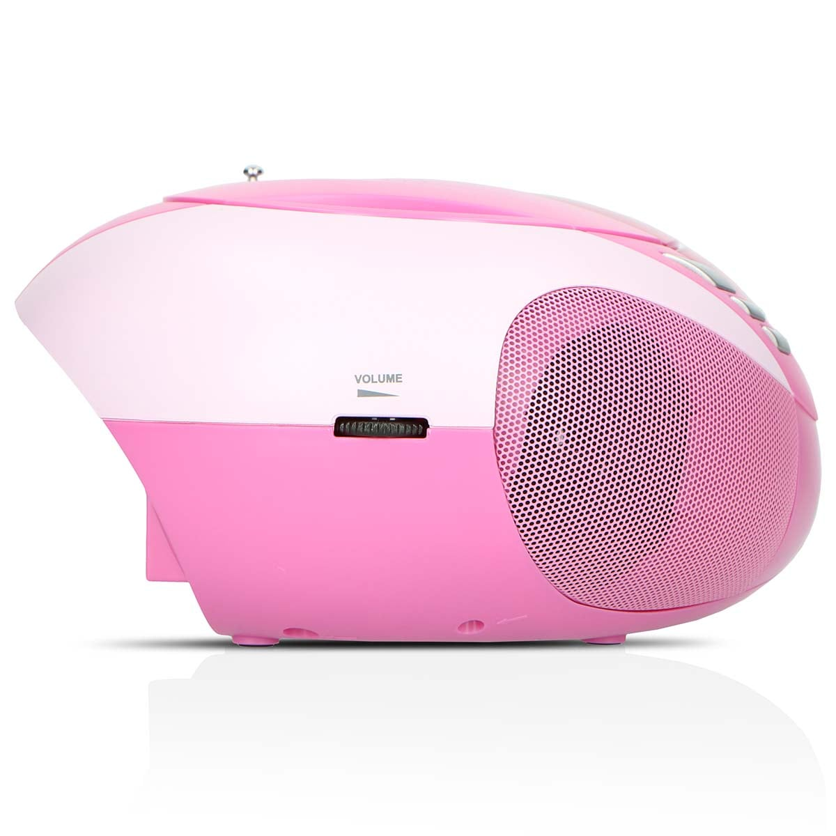 Un lettore CD portatile rosa e bianco con altoparlanti circolari su sfondo bianco.
