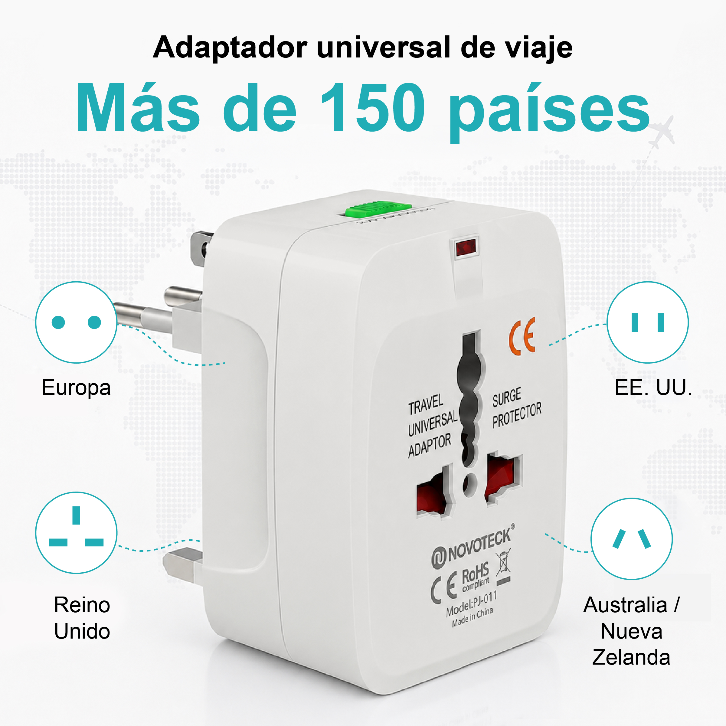 Adaptador de viaje universal blanco con tipos de enchufe para Europa, EE. UU., Reino Unido y Australia.