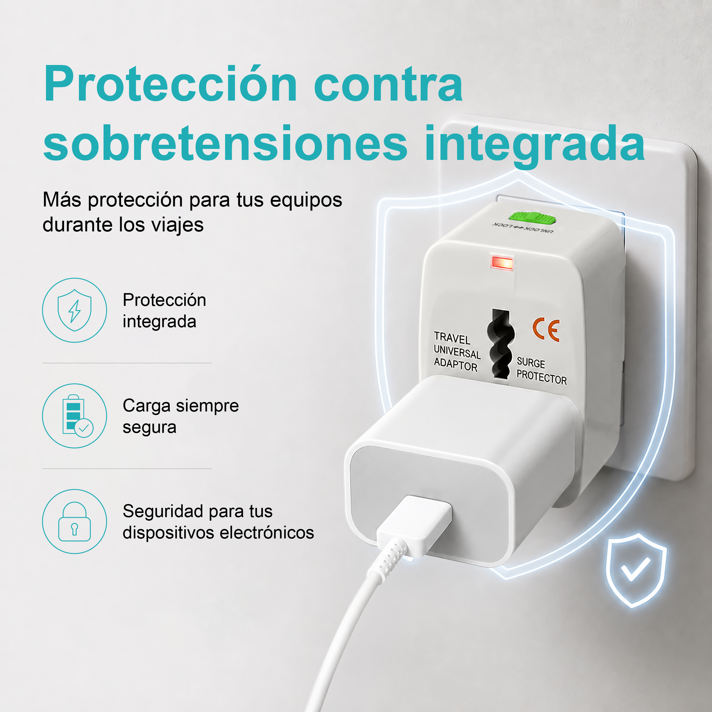 Un adaptador de viaje blanco enchufado a la pared, conectado a un cargador con un cable blanco.