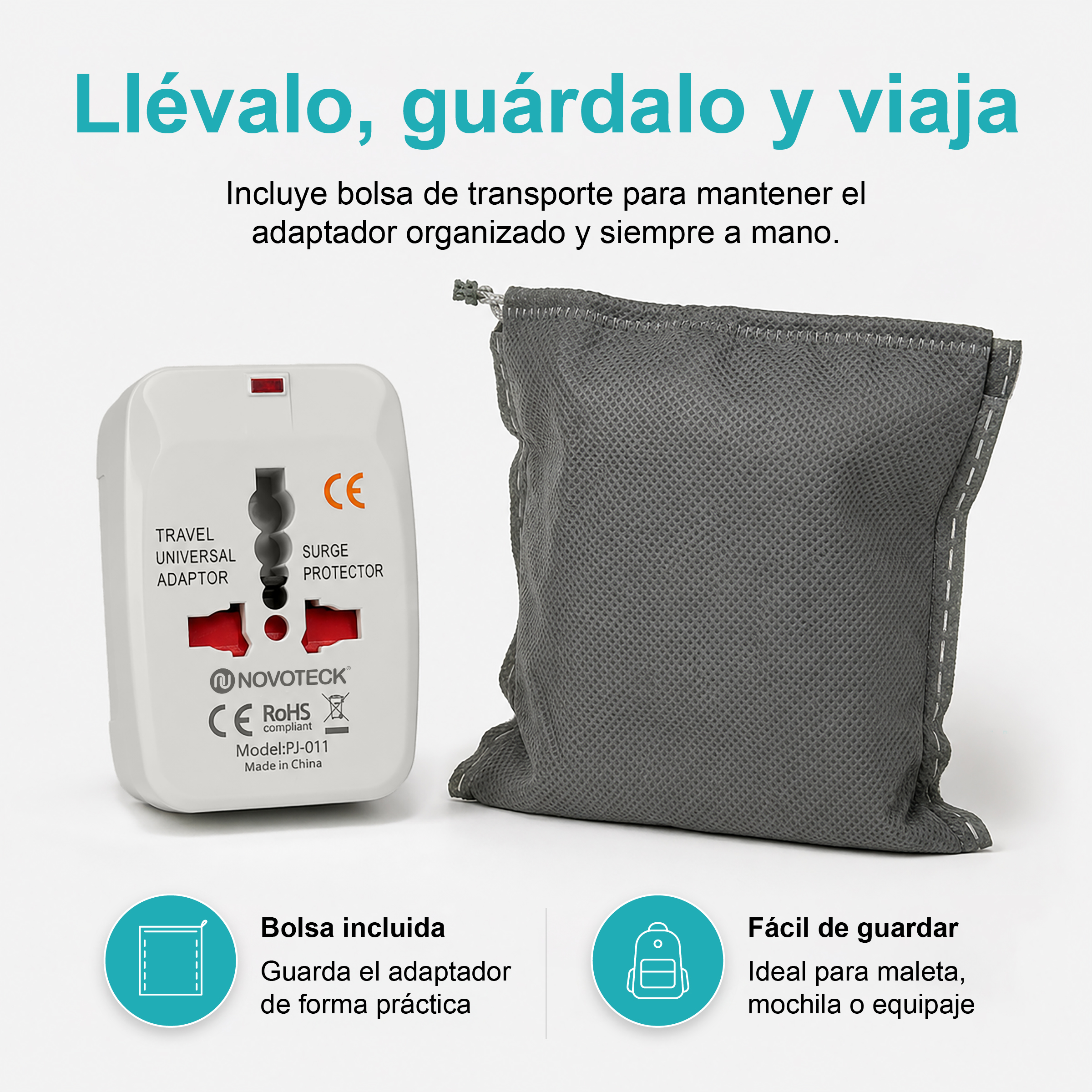 Adaptador de viaje blanco y bolsa gris sobre fondo claro con texto.