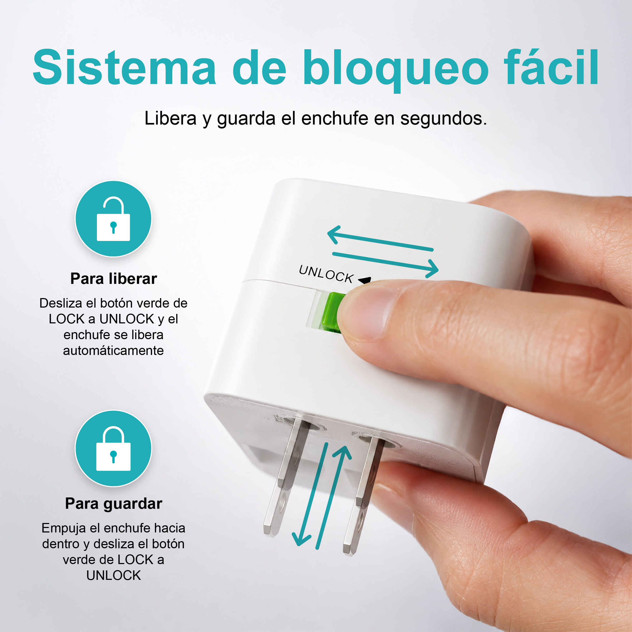 Mano operando un botón verde de desbloqueo en un adaptador de viaje blanco.