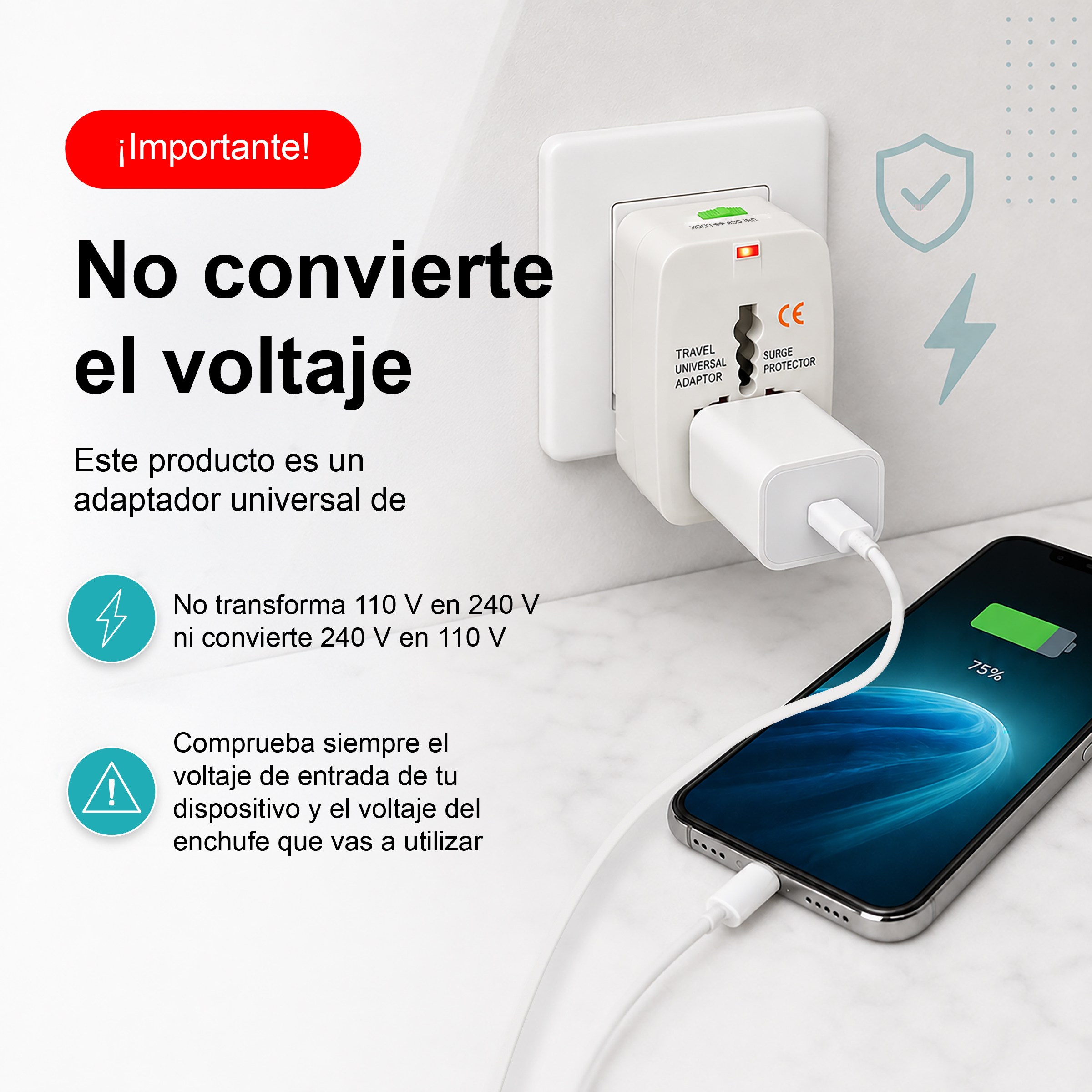 Un adaptador de viaje universal blanco enchufado a la pared cargando un teléfono. Texto de advertencia en español.
