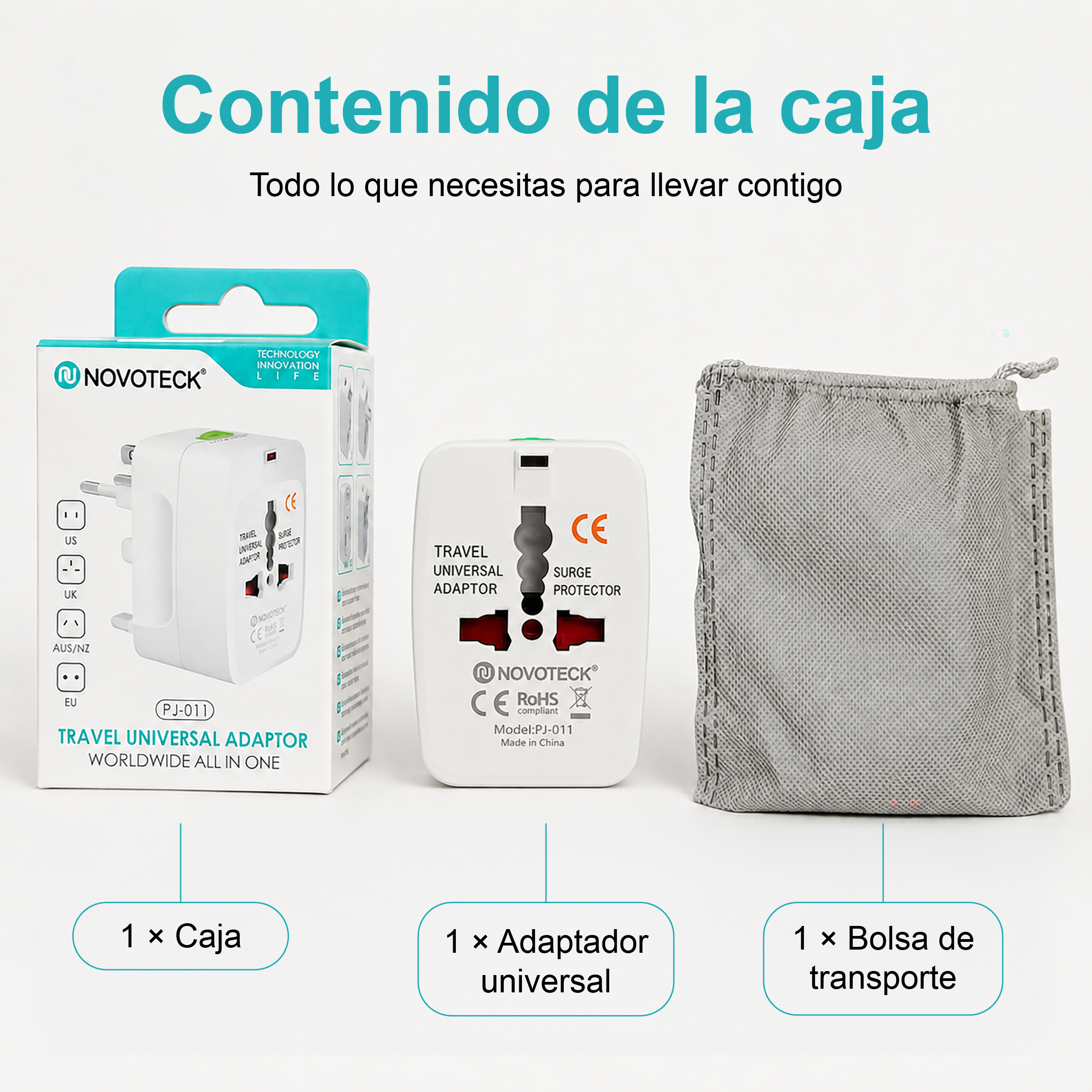 Adaptador universal de viaje Novoteck con caja y bolsa sobre fondo blanco.