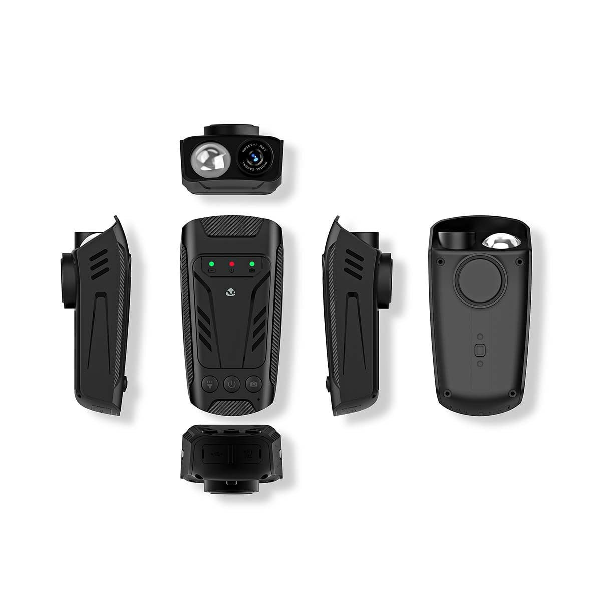 Diverse viste di una dash cam nera mostrata da diverse angolazioni su uno sfondo bianco.